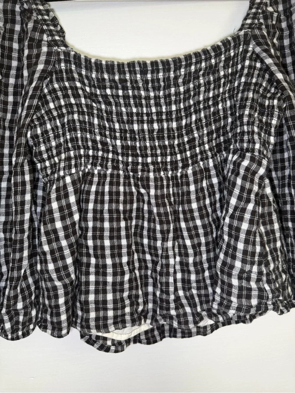 Abercrombie & Fitch Black and White Smocked Plaid Peasant Blouse Fall Boho Sz M